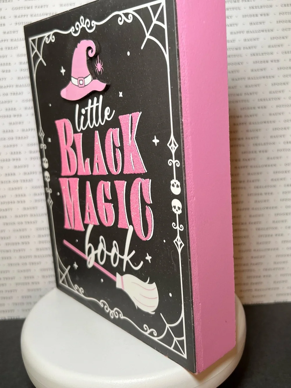 Little Black Magic Book Wooden Decor - Pink & Black Halloween Library Bookstore